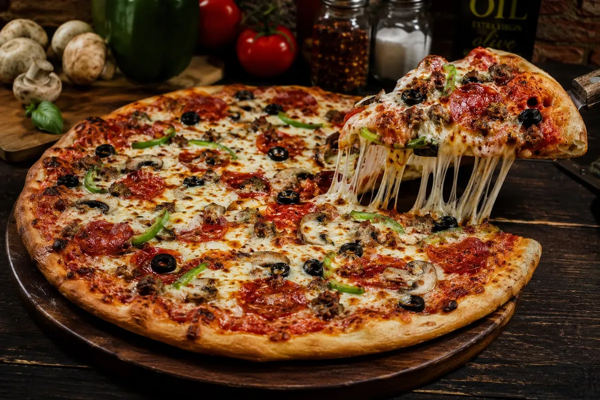 Pizza de pepperoni recién horneada con queso fundido de Verona Pizzería